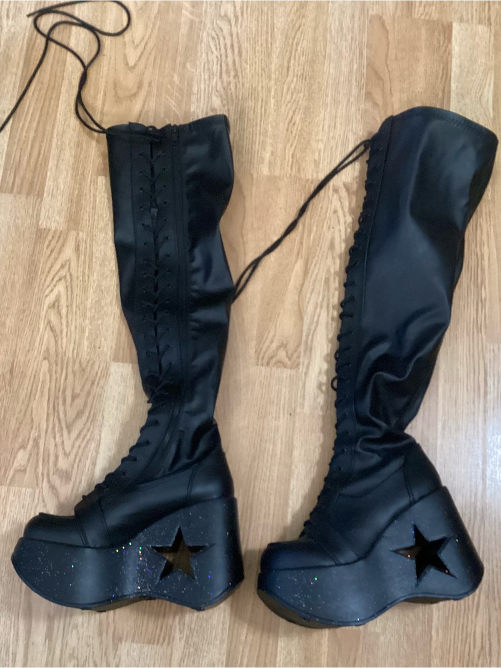 Demonia Dynamite-300 Black Matte Star Cutout Platform Thigh-High Boots Womens 9 - Picture 2 of 14